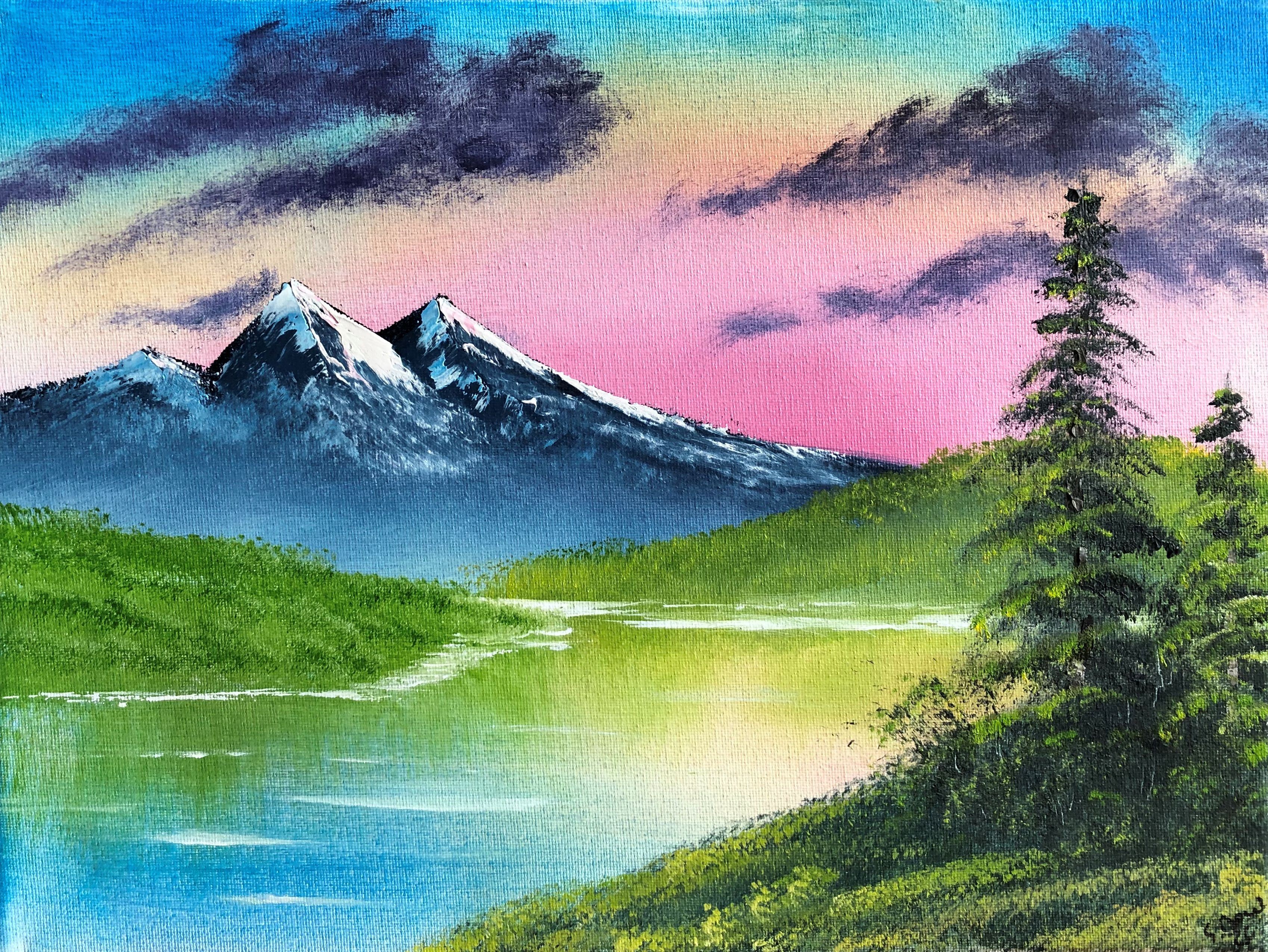 einfache Berglandschaft gemalt von Svenja Benz in der Wet-on-Wet Technique&reg; von Bob Ross